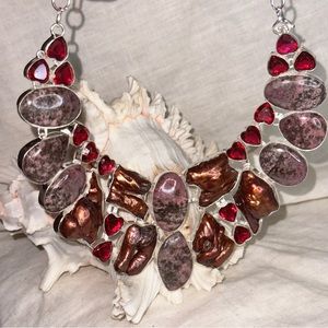 Sophisticated Rhodonite + Biwa Pearl + Red Quartz cluster statement necklace